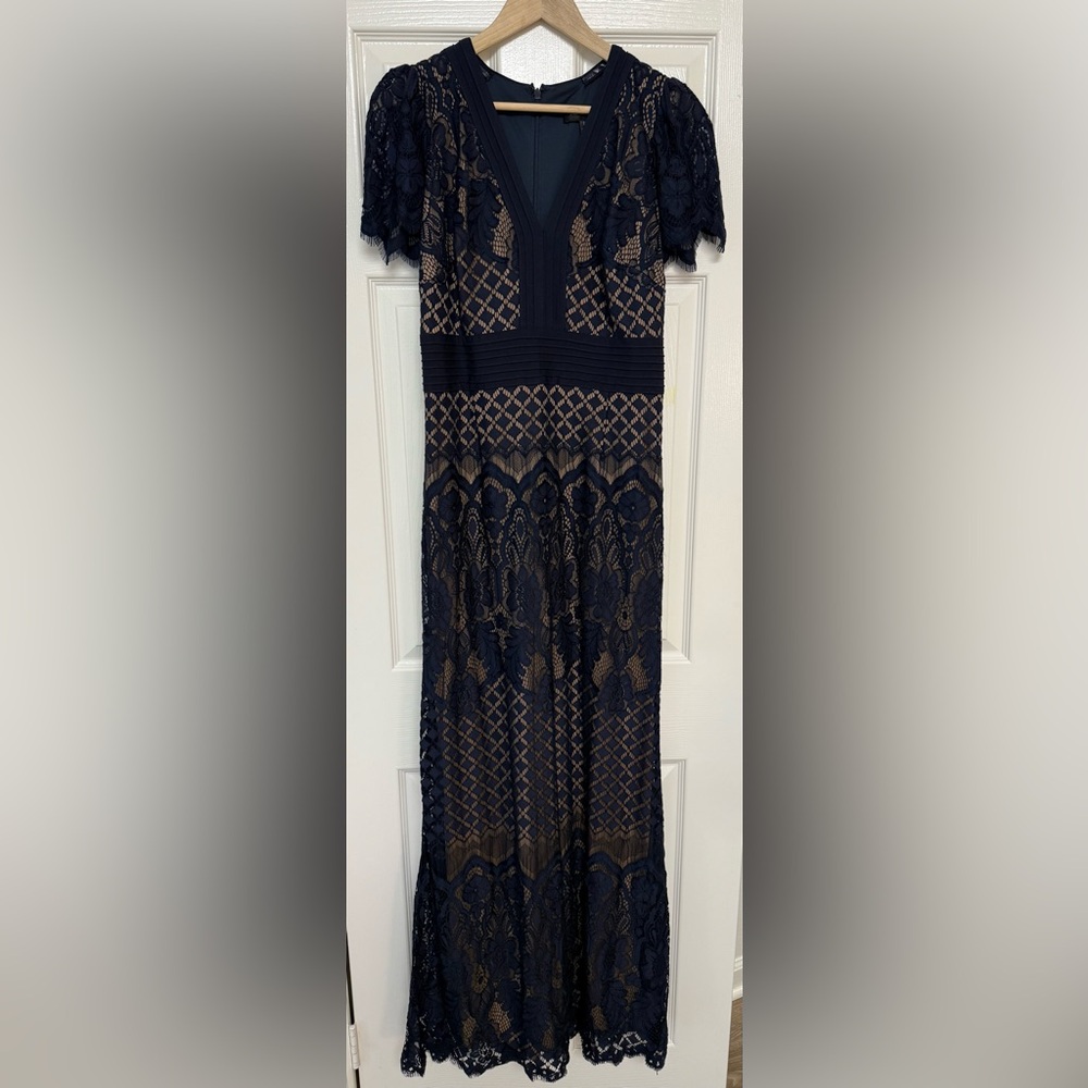 Tadashi Shoji Navy and Beige Lace Ball Gown